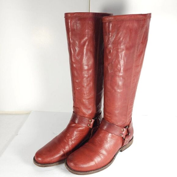 Frye Women's Phillip US7,5B Red Leather Back Zip Tall Harness Riding Boots 76850 - Picture 1 of 15